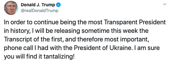 Трамп анонсував публікацію стенограми розмови з Зеленським